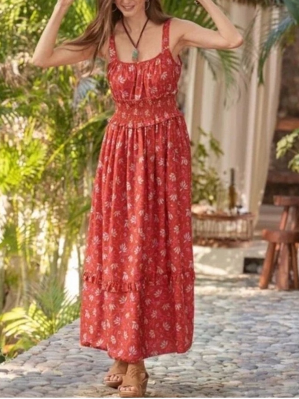 Sundance Artful Ari Maxi Dress Floral Orange Swiss Dot Womens Large XL
